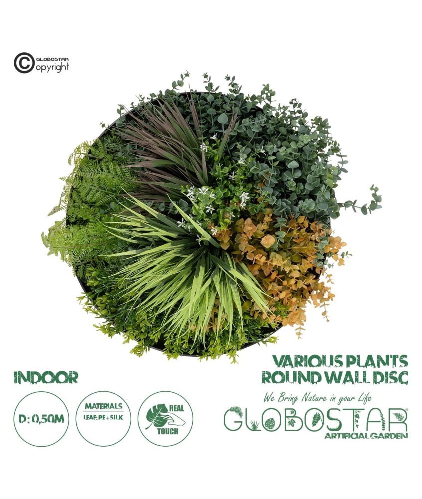 GloboStar® Artificial Garden VARIOUS PLANTS ROUND WALL DISC 20688 Τεχνητό Διακοσμητικό Στρογγυλό Πάνελ Φυλλωσιάς - Κάθετος Κήπος Μιξ Μ50 x Π50 x Υ23cm